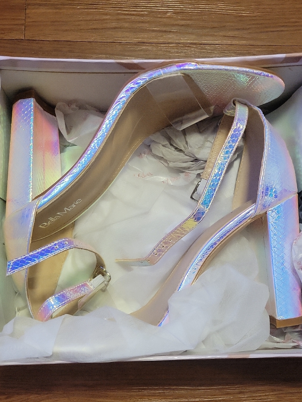 Bella Marie Iridescent Holographic Block Heel Sandals